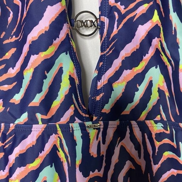 XOXO One Piece Swimsuit Strappy Sides Deep Keyhole Front Colorful Womens XL Blue - Picture 5 of 8